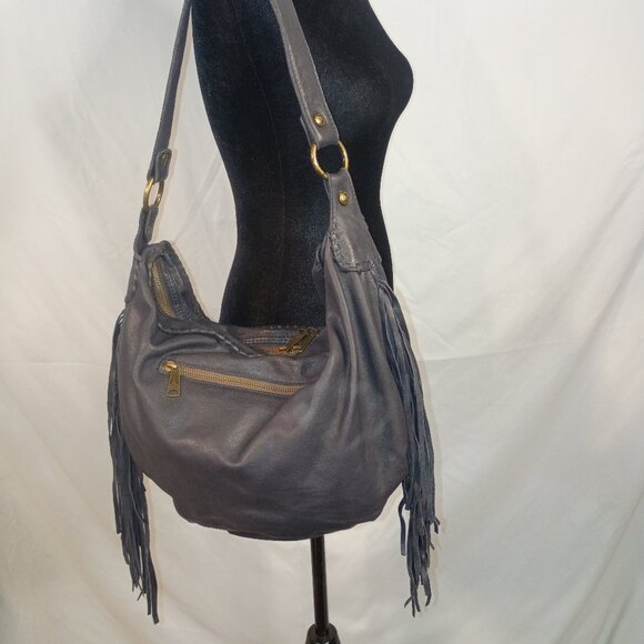 Patricia Nash Handbags - PATRICIA NASH "Vincenzo" Dark Navy Leather Super Slouchy Big Hobo Bag w Fringe